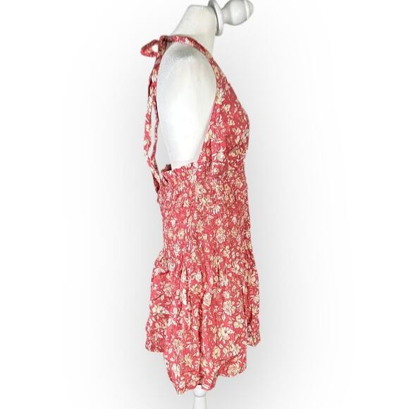 J.Crew Mini Dress Women's Large Pink White Floral Smocked Halter Ruffle V-Neck - Picture 6 of 13